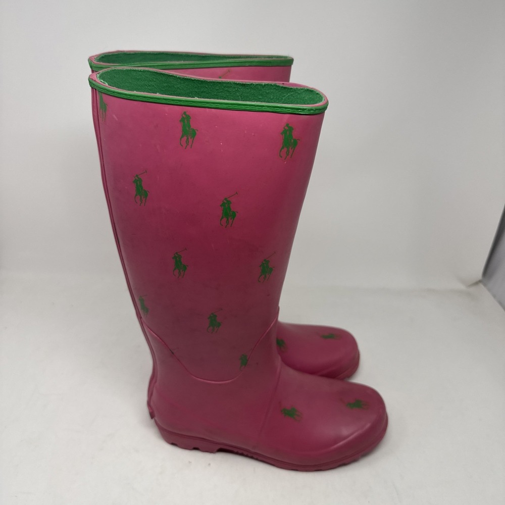 Polo Ralph Lauren Women's Pink Rain Boots Size 5 Green Pony
